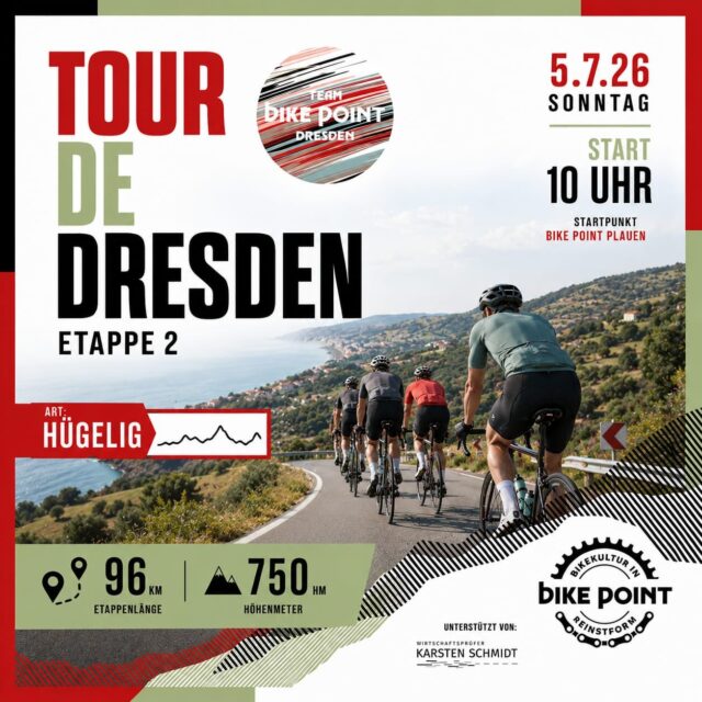 🌧️ Etappe 2 ruft – und Regen hält Rennradfahrer bekanntlich nicht auf. 😉
Morgen wartet der erste echte Härtetest der Tour de Dresden auf euch: 96 km und 750 Höhenmeter. Hügelig, abwechslungsreich und mit jeder Menge Fahrspaß.
Der Wetterbericht? Sagen wir mal so: Die Straße könnte etwas frischer sein als heute. Also Regenjacke einpacken, Schutzbleche sind optional – gute Laune Pflicht! 🚴🌦️
📍 Start: 10:00 Uhr
📍 Treffpunkt: Bike Point Plauen
Wir freuen uns auf alle, die sich auch von ein paar Tropfen nicht ausbremsen lassen! 💪
#TourDeDresden #Etappe2 #RideRainOrShine #Rennrad #bikepointdresden