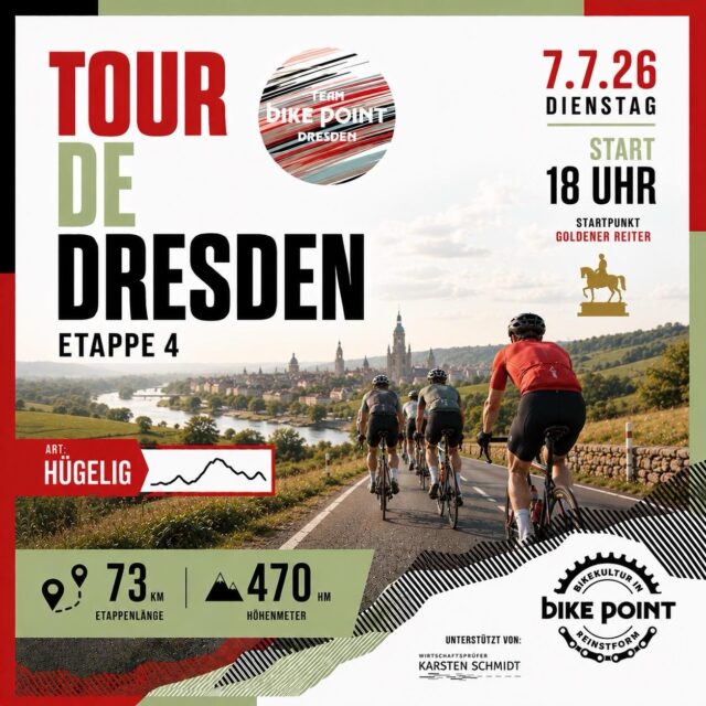 ⚔️ Spannung pur bei der Tour de France!
Nach vier Etappen liegen Tadej Pogačar und Jonas Vingegaard aktuell sekundengleich an der Spitze. Ob sich das morgen ändert?

Bei der Tour de Dresden geht’s zwar nicht ums Gelbe Trikot, dafür aber um gemeinsame Kilometer und jede Menge Fahrspaß! 🚴💛

📍 Etappe 4
🕕 Start: 18:00 Uhr
📍 Treffpunkt: Goldener Reiter

73 km | 470 hm – wir sehen uns morgen auf der Straße!

#TourDeDresden #Etappe4 #bikepointdresden #Pogacar #Vingegaard