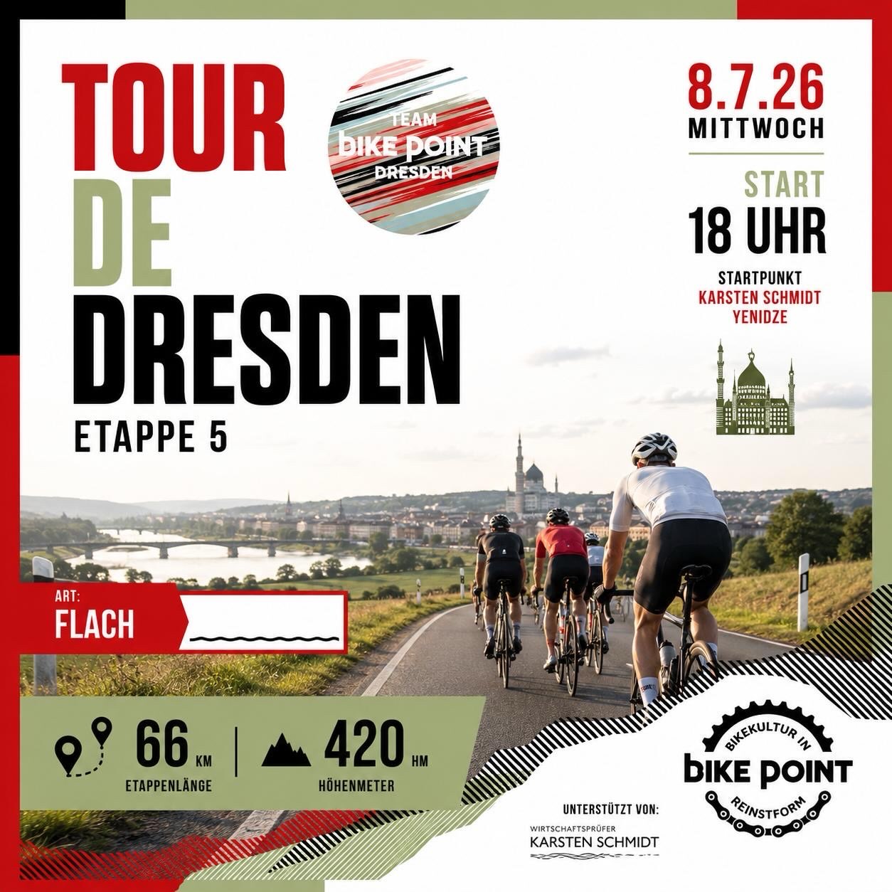 🚴 Für alle Kurzentschlossenen: Etappe 5 wartet!
Ihr habt bisher nur zugeschaut? Dann ist heute der perfekte Zeitpunkt, mit einzusteigen!

📍 Start: 18:00 Uhr
📍 Treffpunkt: Karsten Schmidt | Yenidze

Mit 66 km und 420 Höhenmetern erwartet euch eine entspannte Feierabendrunde in bester Gesellschaft. Gemeinsam rollen, quatschen und Kilometer sammeln – ganz ohne Rennstress.
Also: Luft prüfen, Flaschen füllen und spontan dazukommen. Wir freuen uns auf jeden Mitfahrer! 💛

#TourDeDresden #Etappe5 #LastMinuteRide #RideTogether #bikepointdresden