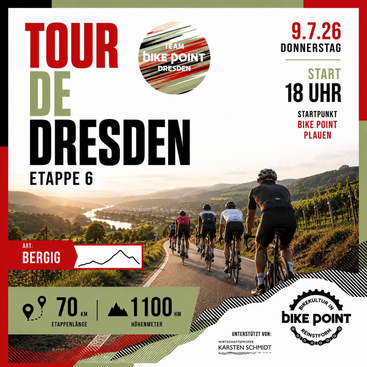 ⛰️ Etappe 6 – Die Königsetappe wartet! 👑

Heute trennt sich nicht die Spreu vom Weizen – sondern nur die, die Berge lieben, von denen, die sie danach lieben. 😉

70 Kilometer und satte 1.100 Höhenmeter machen diese Etappe zur größten Herausforderung der Tour de Dresden 2026.

📍 Start: 18:00 Uhr
📍 Treffpunkt: Bike Point Plauen

Also: Flaschen füllen, den leichtesten Gang bereitlegen und gemeinsam die Höhenmeter sammeln. Oben wartet nicht nur die Aussicht, sondern auch die Gruppe. 💛🚴

#TourDeDresden #Etappe6 #Königsetappe #RideTogether #bikepointdresden