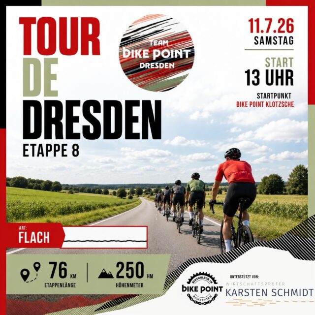 🚴 Etappe 8 – Fast schon Erholung... zumindest auf dem Papier. 😉

Nach der Königsetappe dürfen die Beine heute etwas durchatmen. Mit 76 km und 250 Höhenmetern steht eine schnelle, flache Runde auf dem Programm – perfekt, um gemeinsam Kilometer zu sammeln und das Wochenende einzuläuten.

📍 Start: 13:00 Uhr
📍 Treffpunkt: Bike Point Klotzsche

Ob als Vorbereitung auf die morgige Schlussetappe oder einfach, weil Rennradfahren in der Gruppe am meisten Spaß macht – wir freuen uns auf euch! 💛

#TourDeDresden #Etappe8 #RideTogether #RoadCycling #bikepointdresden
