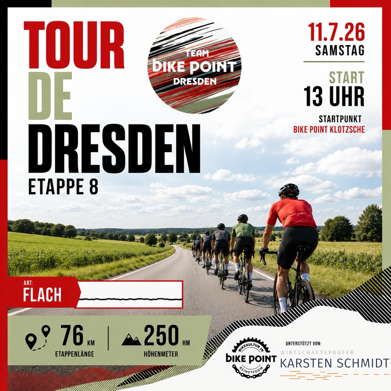 🚴 Etappe 8 – Fast schon Erholung... zumindest auf dem Papier. 😉

Nach der Königsetappe dürfen die Beine heute etwas durchatmen. Mit 76 km und 250 Höhenmetern steht eine schnelle, flache Runde auf dem Programm – perfekt, um gemeinsam Kilometer zu sammeln und das Wochenende einzuläuten.

📍 Start: 13:00 Uhr
📍 Treffpunkt: Bike Point Klotzsche

Ob als Vorbereitung auf die morgige Schlussetappe oder einfach, weil Rennradfahren in der Gruppe am meisten Spaß macht – wir freuen uns auf euch! 💛

#TourDeDresden #Etappe8 #RideTogether #RoadCycling #bikepointdresden