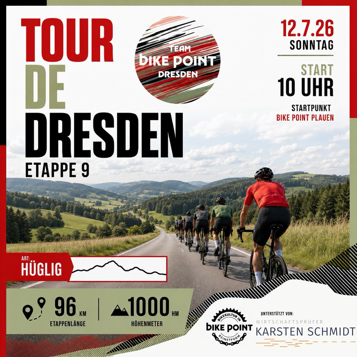 🚴 Etappe 9 – Die Spannung steigt!

Die Tour de France geht in die heiße Phase – und auch bei der Tour de Dresden ist noch längst nichts entschieden.

Morgen warten 96 km und 1.000 Höhenmeter. Eine anspruchsvolle Etappe, die Kraft kostet, aber auch jede Menge Fahrspaß verspricht.

📍 Start: 10:00 Uhr
📍 Treffpunkt: Bike Point Plauen

Ob ihr die ganze Woche dabei wart oder heute dazustoßt – jeder Kilometer zählt. Gemeinsam rollen wir weiter Richtung großer Schlussetappe! 🚴💛

#TourDeDresden #Etappe9 #RoadToTheFinale #tourdefrance #bikepointdresden