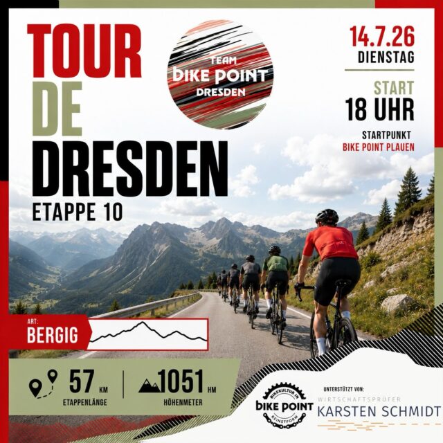 ⛰️ Etappe 10 – Berge lügen nicht. 😉

Nach dem Ruhetag geht’s direkt wieder ans Eingemachte: 57 Kilometer, aber dafür satte 1.051 Höhenmeter. Kurz, knackig und garantiert nichts für schwache Beine.

📍 Start: 18:00 Uhr
📍 Treffpunkt: Bike Point Plauen

Heute zählt nicht das Tempo, sondern der Wille. Gemeinsam kurbeln wir uns Höhenmeter für Höhenmeter Richtung Schlussetappe der Tour de Dresden 2026. 💪🚴

Wer oben ankommt, hat sich die Aussicht mehr als verdient!

#tourdedresden #etappe10 #bergliebe #climbtogether #bikepointdresden