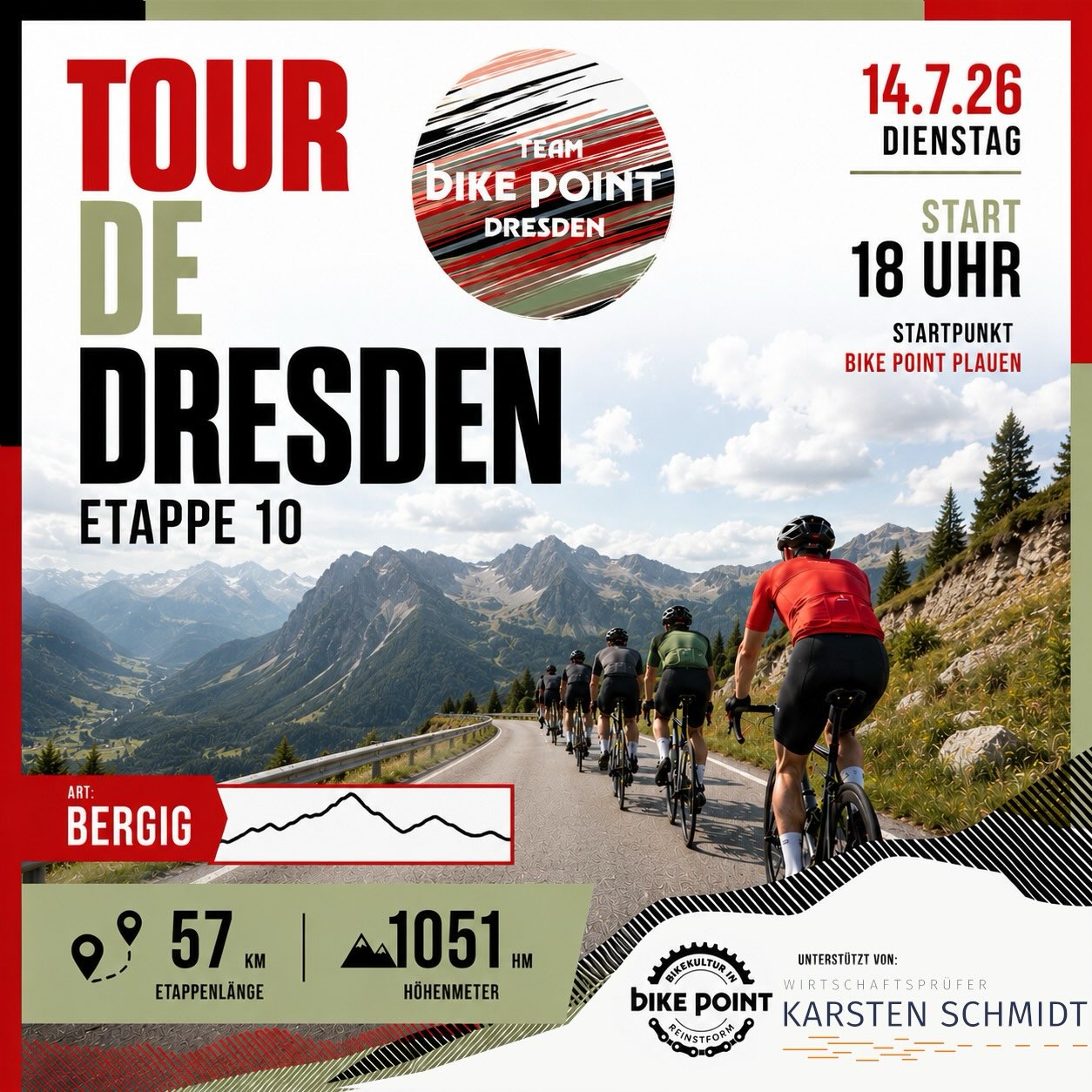 ⛰️ Etappe 10 – Berge lügen nicht. 😉

Nach dem Ruhetag geht’s direkt wieder ans Eingemachte: 57 Kilometer, aber dafür satte 1.051 Höhenmeter. Kurz, knackig und garantiert nichts für schwache Beine.

📍 Start: 18:00 Uhr
📍 Treffpunkt: Bike Point Plauen

Heute zählt nicht das Tempo, sondern der Wille. Gemeinsam kurbeln wir uns Höhenmeter für Höhenmeter Richtung Schlussetappe der Tour de Dresden 2026. 💪🚴

Wer oben ankommt, hat sich die Aussicht mehr als verdient!

#tourdedresden #etappe10 #bergliebe #climbtogether #bikepointdresden