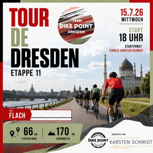 🌬️ Etappe 11 – Beine lockern, Tempo aufnehmen! 🚴
Nach den Höhenmetern der vergangenen Tage darf heute einmal durchgeatmet werden. Mit 66 km und nur 170 Höhenmetern steht eine schnelle Feierabendrunde auf dem Programm.

📍 Start: 18:00 Uhr
📍 Treffpunkt: Yenidze | Karsten Schmidt

Perfekt, um gemeinsam Kilometer zu sammeln, das Peloton rollen zu lassen und schon einmal Kraft für die kommenden Etappen zu tanken. Also schnappt euch euer Rennrad – wir sehen uns um 18 Uhr! 💛

#tourdedresden #etappe11 #feierabendrunde #ridetogether #bikepointdresden