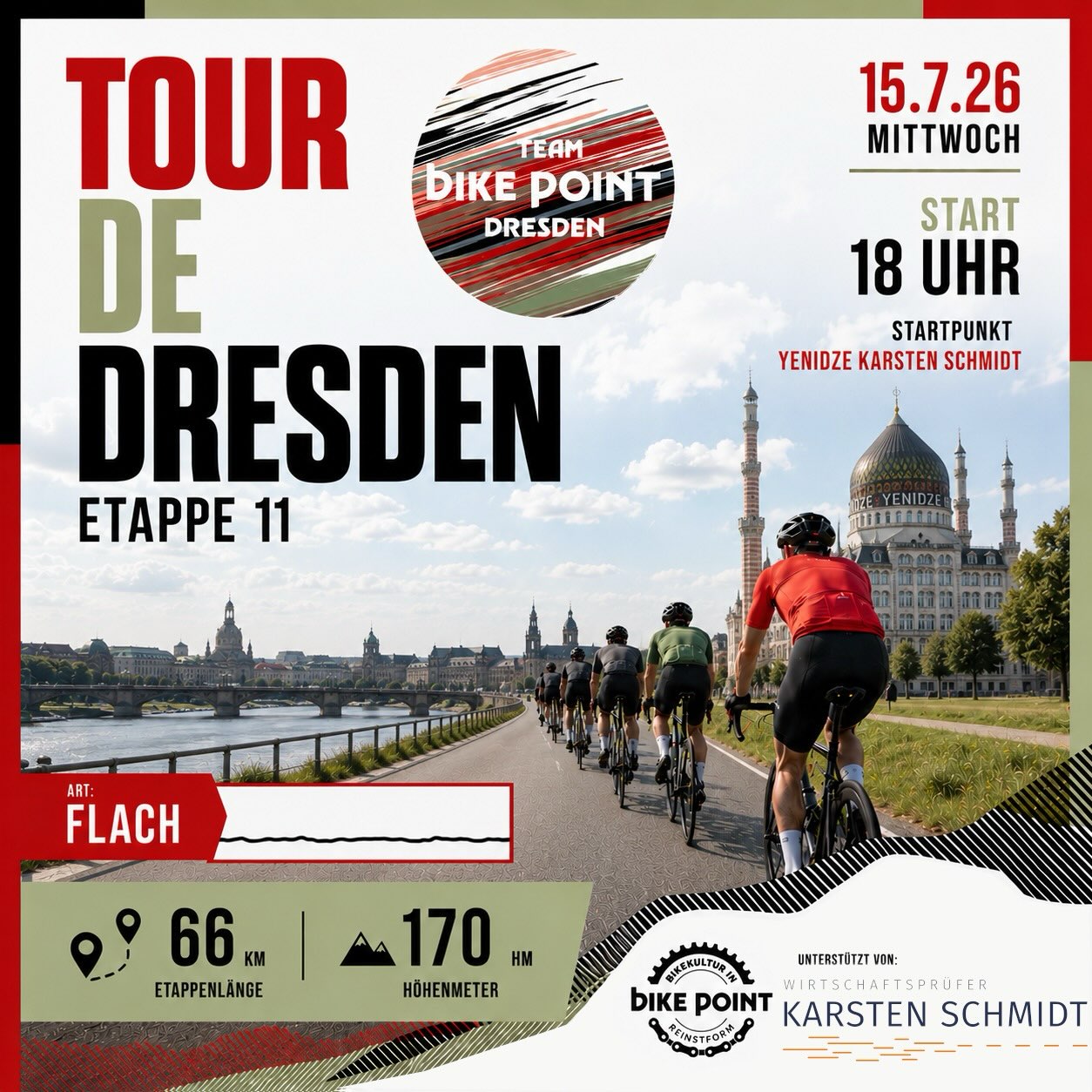 🌬️ Etappe 11 – Beine lockern, Tempo aufnehmen! 🚴
Nach den Höhenmetern der vergangenen Tage darf heute einmal durchgeatmet werden. Mit 66 km und nur 170 Höhenmetern steht eine schnelle Feierabendrunde auf dem Programm.

📍 Start: 18:00 Uhr
📍 Treffpunkt: Yenidze | Karsten Schmidt

Perfekt, um gemeinsam Kilometer zu sammeln, das Peloton rollen zu lassen und schon einmal Kraft für die kommenden Etappen zu tanken. Also schnappt euch euer Rennrad – wir sehen uns um 18 Uhr! 💛

#tourdedresden #etappe11 #feierabendrunde #ridetogether #bikepointdresden