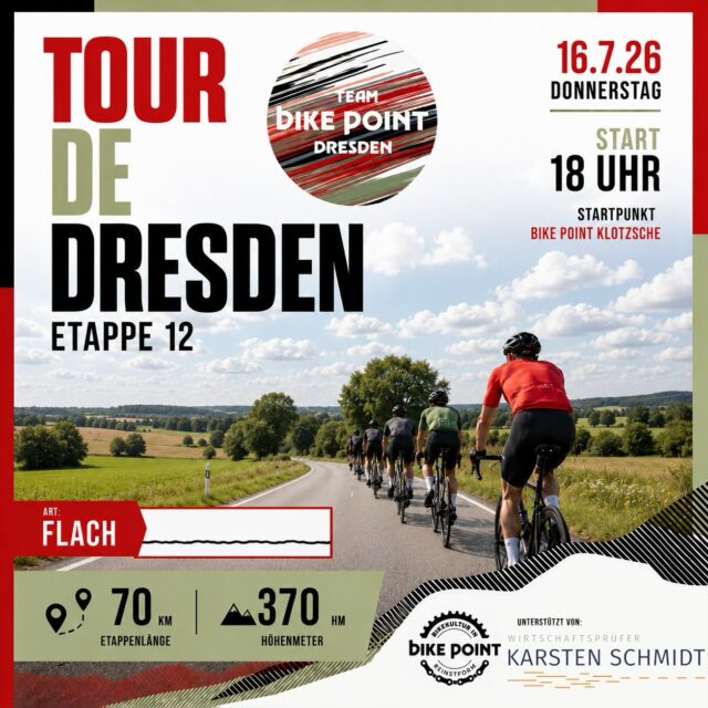 🚴 Etappe 12 – Einfach rollen lassen.

Nach den schweren Bergetappen der letzten Tage steht heute wieder eine Strecke auf dem Programm, bei der das Peloton entspannen kann.

📍 Start: 18:00 Uhr
📍 Treffpunkt: Bike Point Klotzsche

70 km | 370 hm

Die perfekte Gelegenheit, die Beine locker zu fahren, ein paar Gespräche im Windschatten zu führen und gemeinsam Kilometer für Kilometer Richtung Tour-Finale zu sammeln. 💛

Also Feierabendmodus aus, Rennradmodus an. Wir sehen uns auf der Straße! ☀️🚴

#tourdedresden #etappe12 #feierabendrunde #ridetogether #bikepointdresden