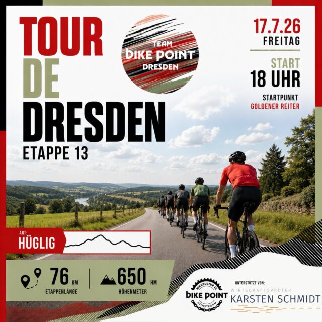 Etappe 13 – Freitag! 🌄🚴

Das Wochenende steht vor der Tür – und wir läuten es auf zwei Rädern ein! 76 km und 650 Höhenmeter warten auf euch. Genau die richtige Mischung aus flüssigen Straßen, knackigen Anstiegen und jeder Menge Fahrspaß.

📍 Start: 18:00 Uhr am Goldenen Reiter. Wer ist dabei? 💪

#tourdedresden #bikepointdresden #rennrad #roadbike #groupride