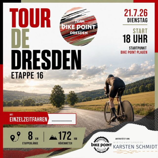Etappe 16 – Es zählt jede Sekunde! ⏱️🔥
Nach den langen Ausfahrten heißt es mit dieser Etappe: Vollgas im Einzelzeitfahren! Nur 8 Kilometer, aber mit 172 Höhenmetern wird jeder Tritt entscheidend. Aeroposition einnehmen, den Kopf runter und bis zur Ziellinie alles geben. 🚴💨
📍 Start: 18:00 Uhr am bike Point Plauen. Wer stellt heute die Bestzeit auf? 👀
#tourdedresden #bikepointdresden #rennrad #roadbike #cycling