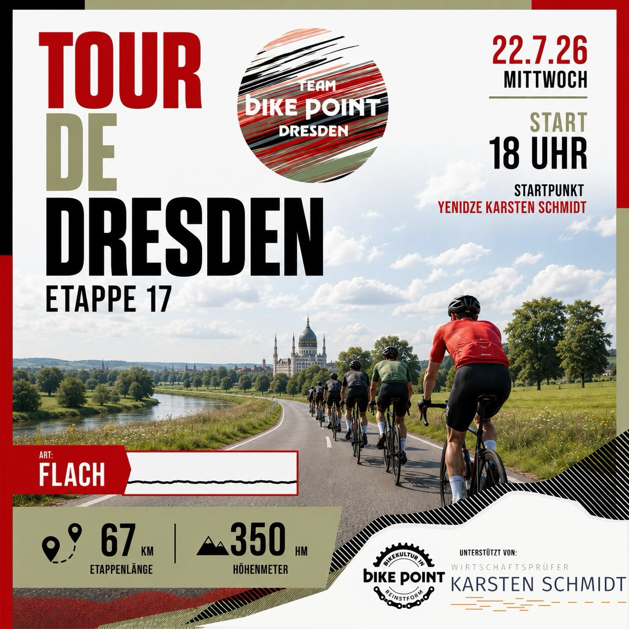 Etappe 17 – Locker rollen? Nicht mit uns! 🚴💨
Nach dem Einzelzeitfahren geht’s wieder gemeinsam auf die Straße. 67 Kilometer und 350 Höhenmeter sorgen für die perfekte Mischung aus Tempo, Rhythmus und jeder Menge Fahrspaß.
📍 Start: 18:00 Uhr an der Yenidze (Karsten Schmidt). Feierabend, einklicken und mitrollen! 🙌
#tourdedresden #bikepointdresden #rennrad #roadbike #cycling