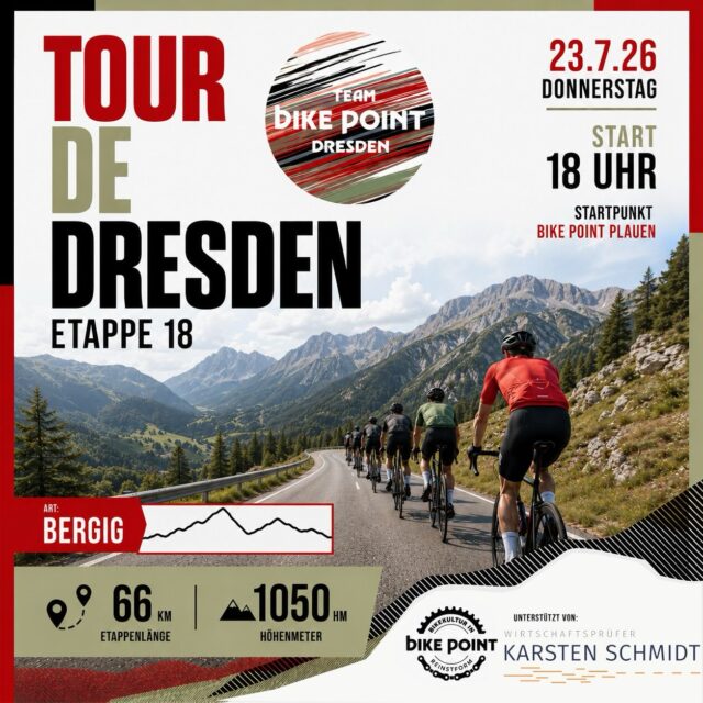 Etappe 18 – Der Weg Richtung Finale wird steiler. ⛰️

Die Tour de France steuert auf ihre entscheidende Phase zu – und auch bei unserer Tour de Dresden wird es jetzt ernst. Nach den flacheren Kilometern warten heute wieder knackige Anstiege, traumhafte Ausblicke und jede Menge Fahrspaß.

66 Kilometer mit satten 1.050 Höhenmetern – perfekt für alle, die Berge lieben und sich gemeinsam auspowern möchten. 🚴‍♂️🔥

📍 Start: Bike Point Plauen
🕕 18:00 Uhr
📏 66 km
⛰️ 1.050 hm

Wer ist wieder dabei? 💪

#tourdedresden #bikepointdresden #rennrad #cycling #roadbike