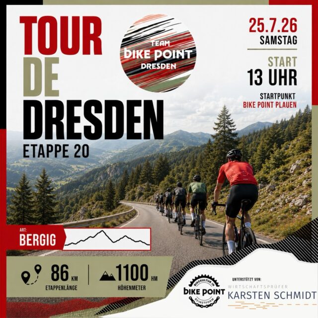 Etappe 20 – Queenstage! ⛰️🔥

Bevor das große Finale der Tour de France und damit auch unserer Tour de Dresden ansteht, wartet noch einmal eine echte Bergetappe auf euch.

86 Kilometer und 1.100 Höhenmeter verlangen noch einmal alles ab – lange Anstiege, schnelle Abfahrten und jede Menge Panorama inklusive. Wer bis hier dabei war, weiß: Gemeinsam fährt es sich leichter und die schönsten Erinnerungen entstehen unterwegs. 🚴‍♂️

Noch einmal Kräfte sammeln, noch einmal die Berge genießen – bevor wir morgen gemeinsam den Schlusspunkt unserer Tour setzen.

📍 Start: Bike Point Plauen
🕐 13:00 Uhr
📏 86 km
⛰️ 1.100 hm

Wer holt sich vor dem Finale noch einmal Höhenmeter? 💪

#tourdedresden #bikepointdresden #rennrad #cycling #roadbike