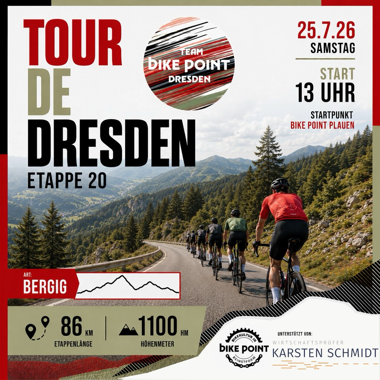 Etappe 20 – Queenstage! ⛰️🔥

Bevor das große Finale der Tour de France und damit auch unserer Tour de Dresden ansteht, wartet noch einmal eine echte Bergetappe auf euch.

86 Kilometer und 1.100 Höhenmeter verlangen noch einmal alles ab – lange Anstiege, schnelle Abfahrten und jede Menge Panorama inklusive. Wer bis hier dabei war, weiß: Gemeinsam fährt es sich leichter und die schönsten Erinnerungen entstehen unterwegs. 🚴‍♂️

Noch einmal Kräfte sammeln, noch einmal die Berge genießen – bevor wir morgen gemeinsam den Schlusspunkt unserer Tour setzen.

📍 Start: Bike Point Plauen
🕐 13:00 Uhr
📏 86 km
⛰️ 1.100 hm

Wer holt sich vor dem Finale noch einmal Höhenmeter? 💪

#tourdedresden #bikepointdresden #rennrad #cycling #roadbike