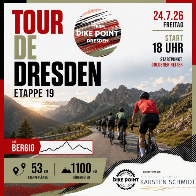 Etappe 19 – wird dreckig. 😈⛰️
Wenn du denkst, du hast bei der Tour de Dresden schon alles gesehen, kommt jetzt die alljährige „Drecks-Etappe“.
Kurze, extrem steile Rampen, zwei längere unbefestigte Abschnitte und ein Streckenverlauf, der fahrerisches Können fordert.
Ja – alles ist mit dem Rennrad fahrbar. Aber nicht jede Rampe muss zwingend fahrbar für jeden sein. Es kann also gut sein, dass an der einen oder anderen Stelle kurz abgestiegen werden muss. Das ist völlig okay und deutlich besser, als sich zu überschätzen. 💪
Wer Herausforderungen liebt und Lust auf eine außergewöhnliche Runde hat, sollte sich diese Etappe nicht entgehen lassen.
📍 Start: Goldener Reiter
🕕 18:00 Uhr
📏 53 km
⛰️ 1.100 hm
Bereit für den Ritt auf der Kanonenkugel? 🚴🔥
#tourdedresden #bikepointdresden #rennrad #cycling #roadbike