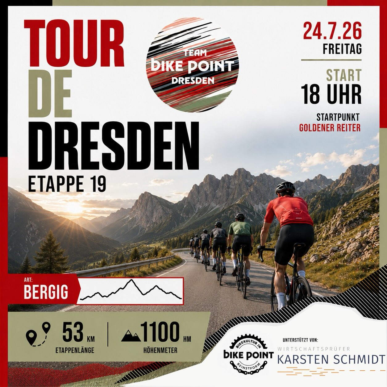 Etappe 19 – wird dreckig. 😈⛰️
Wenn du denkst, du hast bei der Tour de Dresden schon alles gesehen, kommt jetzt die alljährige „Drecks-Etappe“.
Kurze, extrem steile Rampen, zwei längere unbefestigte Abschnitte und ein Streckenverlauf, der fahrerisches Können fordert.
Ja – alles ist mit dem Rennrad fahrbar. Aber nicht jede Rampe muss zwingend fahrbar für jeden sein. Es kann also gut sein, dass an der einen oder anderen Stelle kurz abgestiegen werden muss. Das ist völlig okay und deutlich besser, als sich zu überschätzen. 💪
Wer Herausforderungen liebt und Lust auf eine außergewöhnliche Runde hat, sollte sich diese Etappe nicht entgehen lassen.
📍 Start: Goldener Reiter
🕕 18:00 Uhr
📏 53 km
⛰️ 1.100 hm
Bereit für den Ritt auf der Kanonenkugel? 🚴🔥
#tourdedresden #bikepointdresden #rennrad #cycling #roadbike