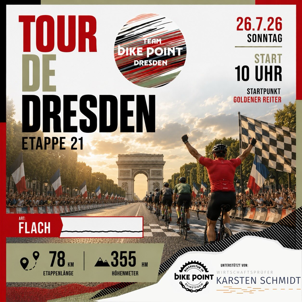 Etappe 21 – Das große Finale! 🏁❤️

21 Etappen, unzählige Kilometer, Höhenmeter, Schweiß und hoffentlich mindestens genauso viele gute Momente – heute drehen wir zum letzten Mal gemeinsam am Rad. 🚴‍♂️

Zum Abschluss gibt’s keine letzte Prüfung und keinen Kampf um Sekunden, sondern eine entspannte Abschlussrunde. 78 Kilometer bei gerade einmal 355 Höhenmetern – perfekt, um die Tour de Dresden gemeinsam ausklingen zu lassen und noch einmal die Beine rollen zu lassen.

Und natürlich darf dabei das wichtigste Ziel nicht fehlen: gemeinsam ankommen und feiern! 🥳

📍 Start: Goldener Reiter
🕙 10:00 Uhr
📏 78 km
⛰️ 355 hm

Letzte Etappe. Letzte Ausfahrt. Ein letztes Mal: Auf geht’s! 🚴‍♂️💨

#tourdedresden #bikepointdresden #rennrad #cycling #roadbike